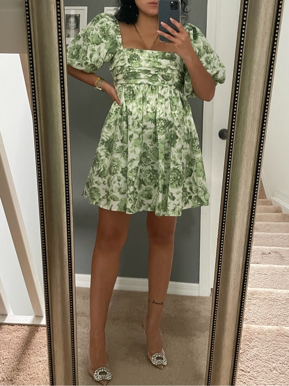 Abercrombie & Fitch Green Floral Square-Neck Puff Sleeve Mini Dress